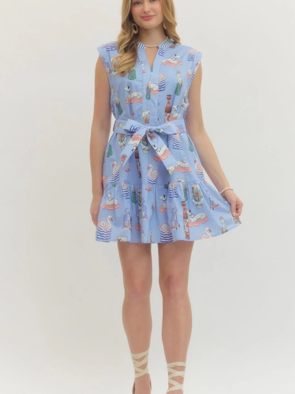New Light Blue Whimsical Printed Bow Mini Dress with Swan Dogs Cats & Vase Motif